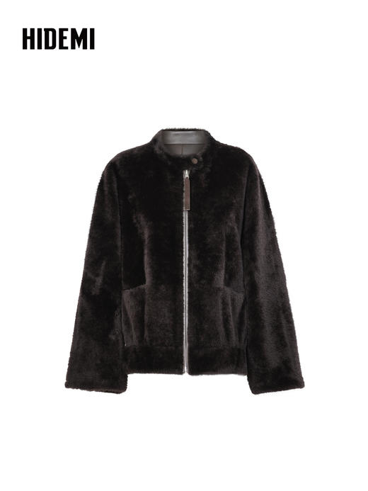 HIDEMI 进口拉贡皮毛一体拉链立领口袋大衣外套 乌木棕 商品图4
