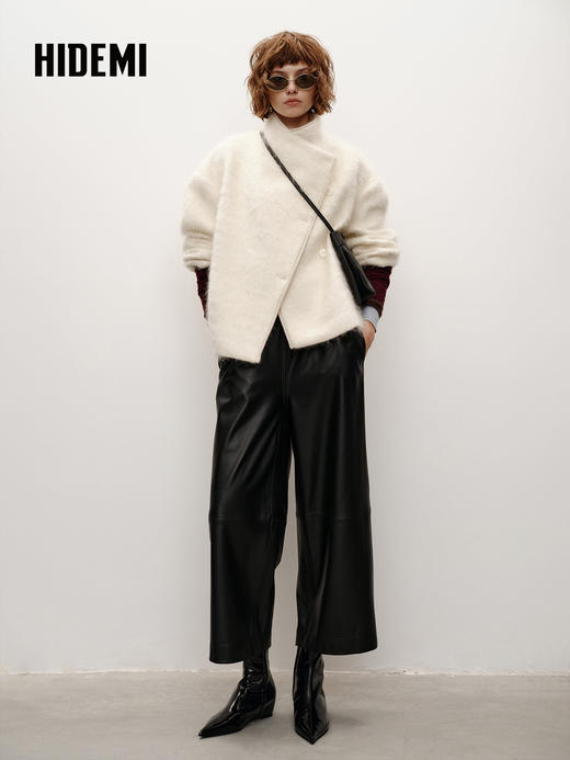 HIDEMI 进口西班牙小羊皮松紧腰阔腿裤九分皮裤 商品图3