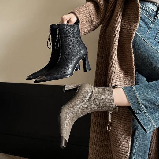 【预售5天】气质通勤金属小方头百搭短靴新款真皮短筒靴前拉链高跟靴女DJ&A7977 商品图4