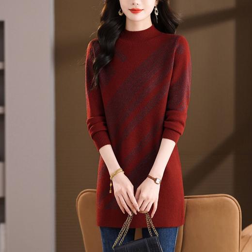 103-26769半高领针织连衣裙女秋冬季斜纹修身中长款气质显瘦保暖百搭毛衣裙 商品图0