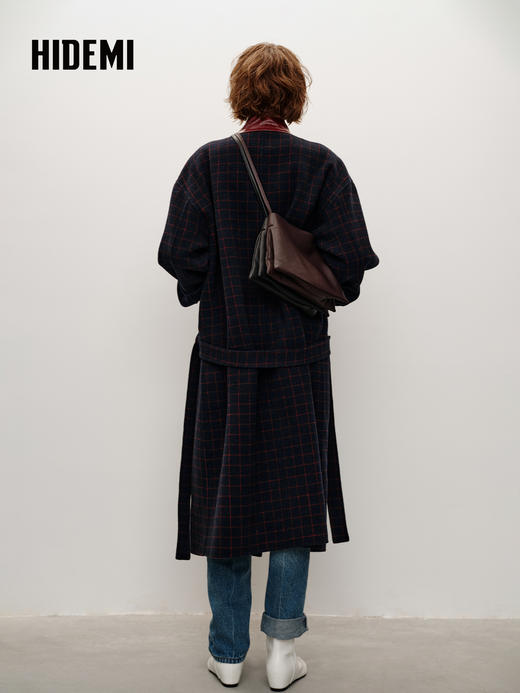 HIDEMI 大秀款进口羊毛格纹撞色拼皮立领双面呢可拆卸腰带加厚长款大衣外套 红蓝格纹 商品图5