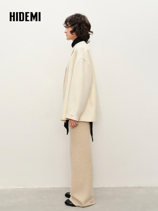 HIDEMI 美利奴羊毛双面呢不对称设计感翻领大衣 乳白色/黑色 商品图6