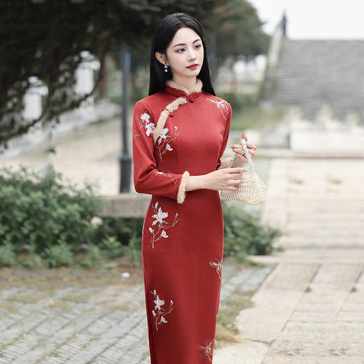 WZY9488 加绒加厚冬装国风新中式长款长袖旗袍改良年轻款女复古秋冬季 商品图2