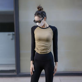 高级感瑜伽上衣女拼色紧身显瘦长袖运动T恤普拉提训练网红爆款健身服
