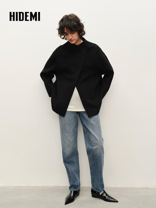 HIDEMI 美利奴羊毛双面呢不对称设计感翻领大衣 乳白色/黑色 商品图4