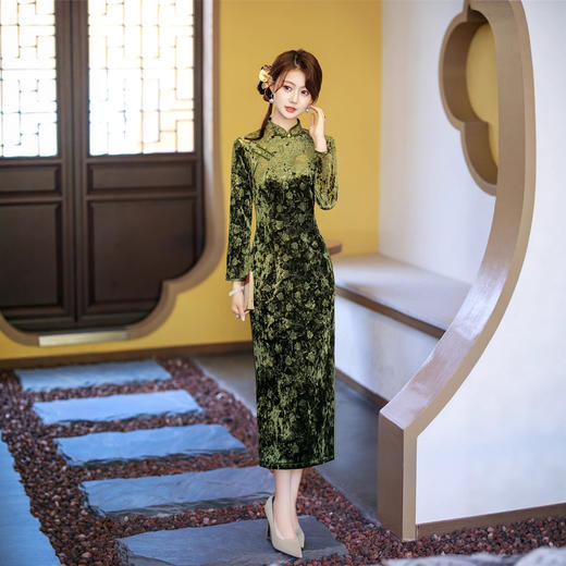 GX老上海复古中国风长款绿色旗袍2025秋冬款高级感女士宴会长袖旗袍 商品图2