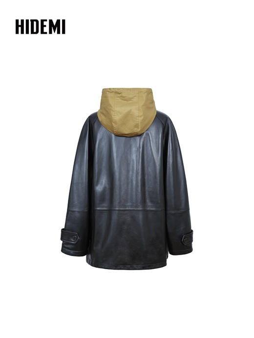 HIDEMI 进口西班牙小羊皮连帽拼接假两件飞行员大衣皮衣外套 黑色拼卡其色 商品图8