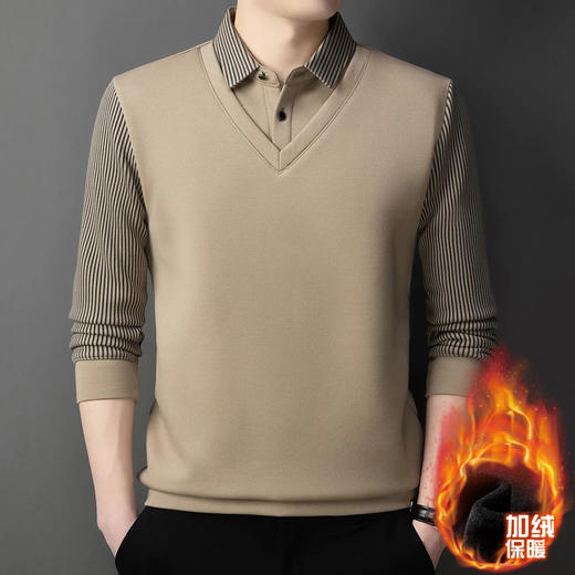 直播爆款冬季男士加绒加厚保暖polo衫男衬衫领假两件打底衫上衣男 商品图0