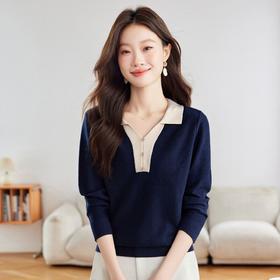 翻领撞色假两件针织衫，长袖洋气减龄打底衫上衣CC-53-671-2