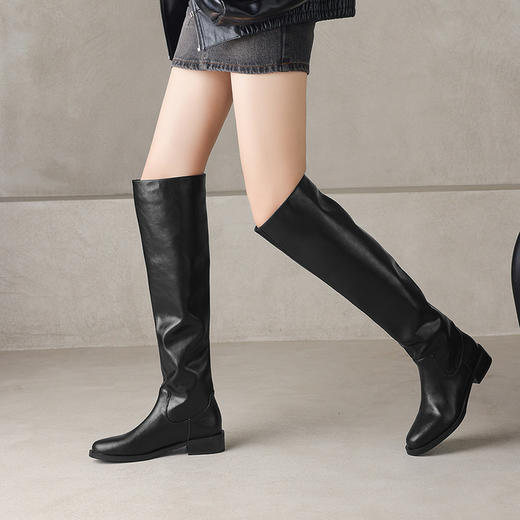 【预售7天】真皮圆头粗跟骑士靴女秋冬过膝高筒靴大筒围显瘦堆堆靴KYD&KK10557 商品图0
