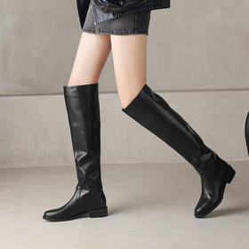 【预售7天】真皮圆头粗跟骑士靴女秋冬过膝高筒靴大筒围显瘦堆堆靴KYD&KK10557