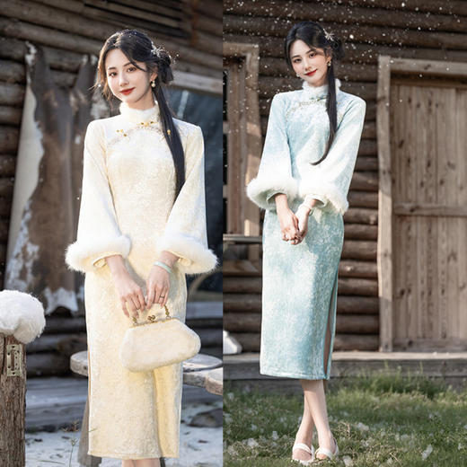 GX丝绒提花长款倒大袖旗袍2025秋冬新款时尚改良年轻少女款日常旗袍 商品图0