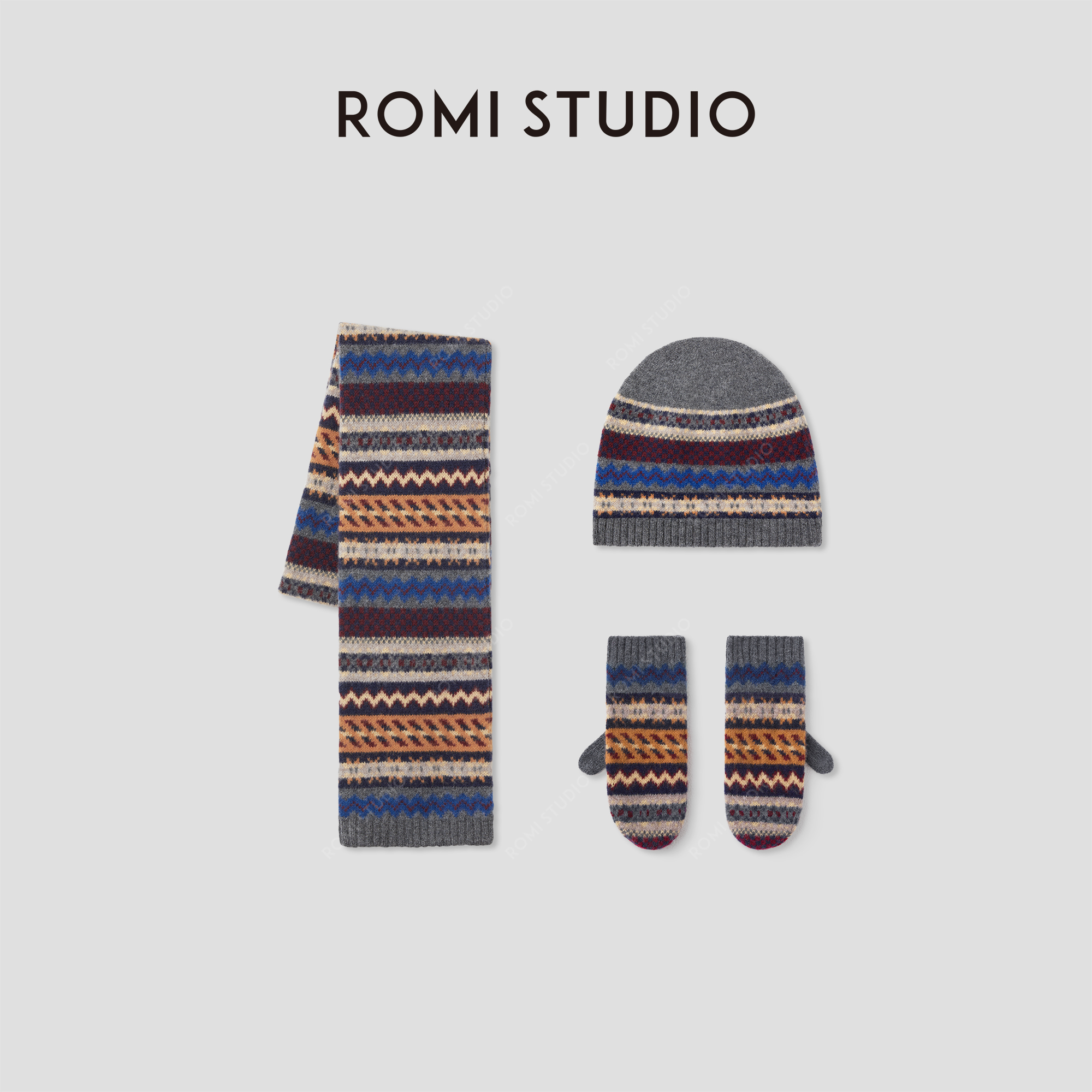 ROMI STUDIO“北海道三件套”100%羊毛费尔岛提花围巾 RWCAPZ4919