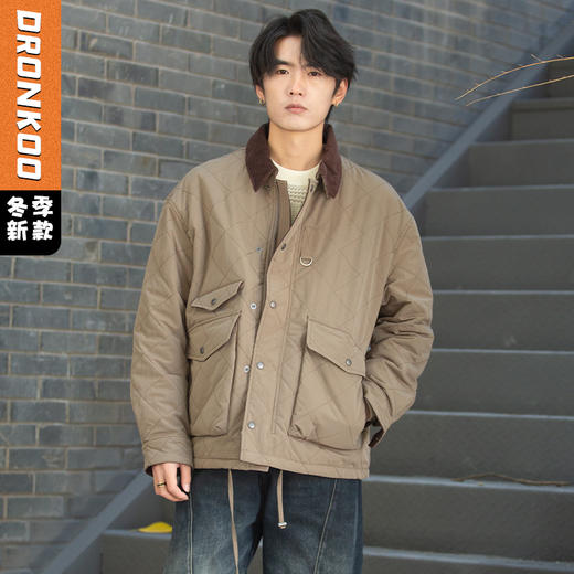 DRONKOO 2025 灯芯绒翻领菱形格绗缝巴恩风短款厚棉服 商品图0