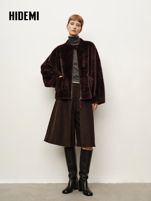HIDEMI 进口拉贡皮毛一体拉链立领口袋大衣外套 乌木棕 商品图2