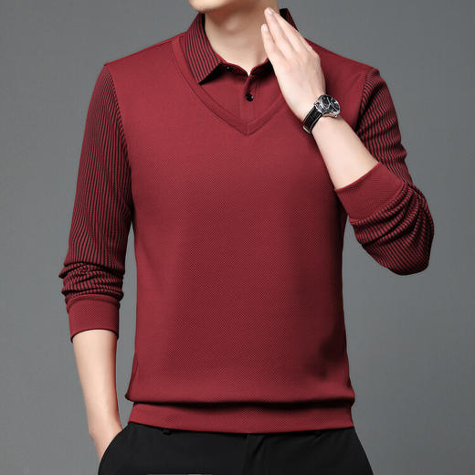 【男士加绒假两件上衣】拼接假两件V领口超级帅2025秋冬季男士加绒加厚假两件上衣男长袖t恤休闲条纹翻领POLO衫 商品图3