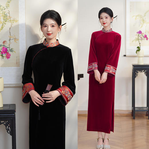 GX2025年新中式黑色旗袍改良年轻款少女高级感秋冬新款长袖丝绒旗袍 商品图0