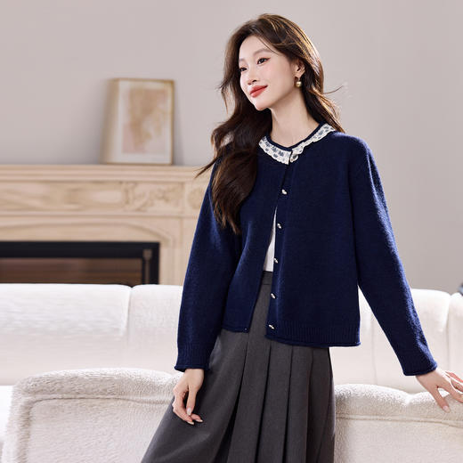 设计感蕾丝拼接针织开衫，慵懒风短款小香风毛衣外套CC-J-6986 商品图1