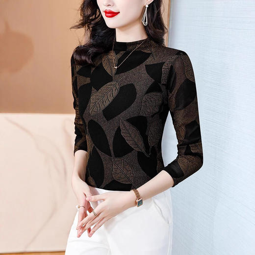 半高领印花网纱长袖打底衫，加绒内搭小衫洋气上衣KQL-B12N2399 商品图1