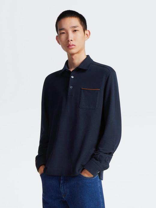 杰尼 新款平纹针织长袖翻领Polo衫 CX232 商品图0