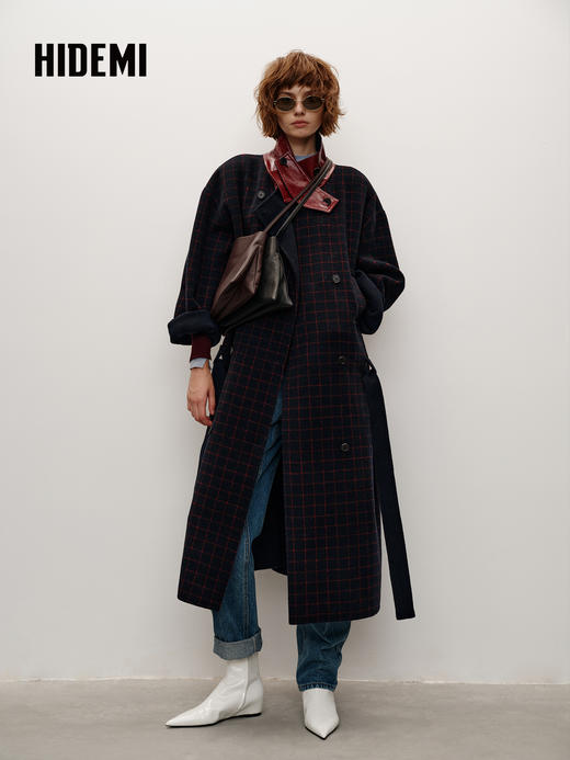 HIDEMI 大秀款进口羊毛格纹撞色拼皮立领双面呢可拆卸腰带加厚长款大衣外套 红蓝格纹 商品图1