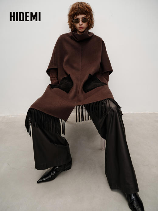 HIDEMI 进口西班牙小羊皮松紧腰显瘦阔腿皮裤长款 黑色 商品图5