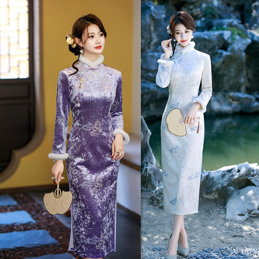 GX复古中国风年轻少女款长袖毛领旗袍2025秋冬新款时尚长款加厚旗袍 商品图0