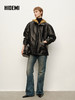 HIDEMI 进口西班牙小羊皮连帽拼接假两件飞行员大衣皮衣外套 黑色拼卡其色 商品缩略图1