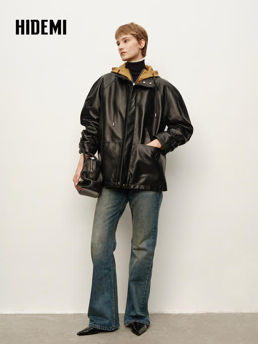 HIDEMI 进口西班牙小羊皮连帽拼接假两件飞行员大衣皮衣外套 黑色拼卡其色 商品图1