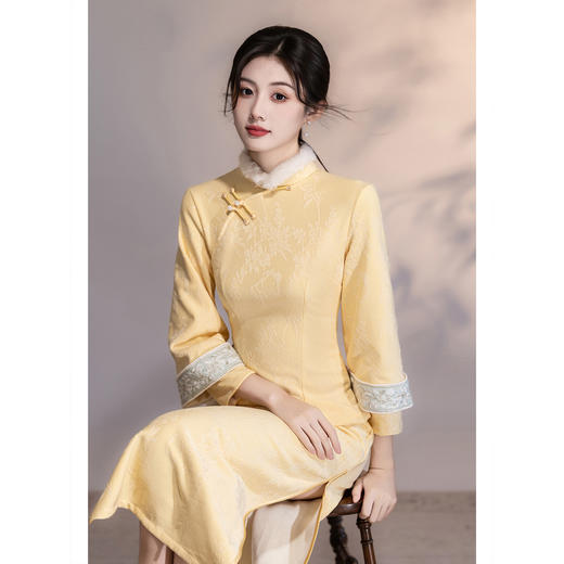 LSB 4158黄色旗袍长袖加绒国风新中式连衣裙 商品图0