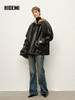 HIDEMI 进口西班牙小羊皮连帽拼接假两件飞行员大衣皮衣外套 黑色拼卡其色 商品缩略图3