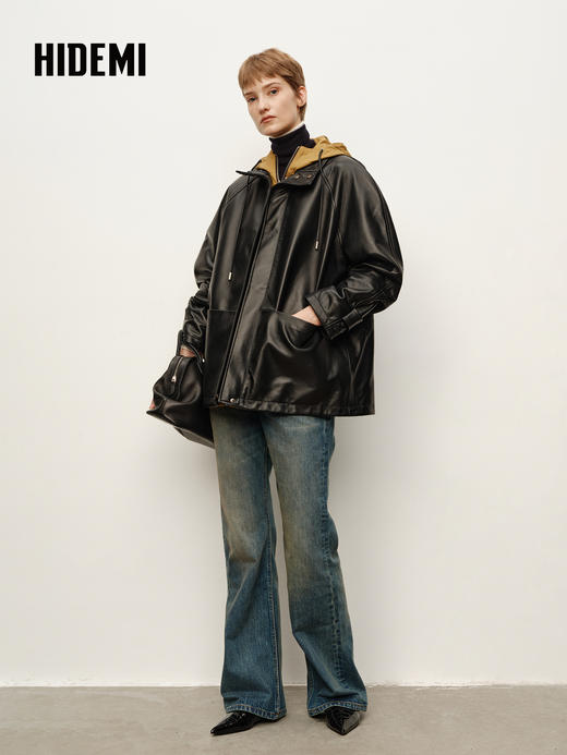 HIDEMI 进口西班牙小羊皮连帽拼接假两件飞行员大衣皮衣外套 黑色拼卡其色 商品图3