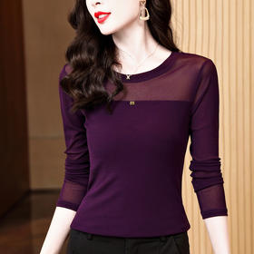 圆领简约百搭修身显瘦，纯色长袖网纱打底衫T恤小衫KQL-E37M2808