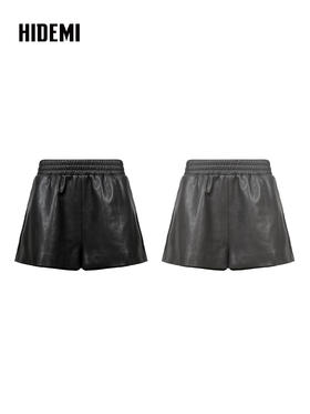 HIDEMI 甄选环保蛋白皮超显瘦松紧腰百搭神裤短裤皮裤  黑色/灰色