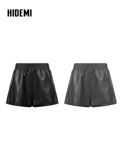 HIDEMI 甄选环保蛋白皮超显瘦松紧腰百搭神裤短裤皮裤  黑色/灰色 商品图0