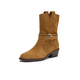 【云粉节】【拔佳】BF楼Bata西部靴女2025冬款加绒复古牛剖皮粗跟西部牛仔靴03127DZ5      吊牌价1059活动价699