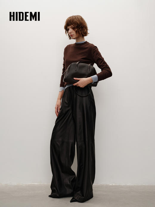 HIDEMI 进口西班牙小羊皮松紧腰显瘦阔腿皮裤长款 黑色 商品图2