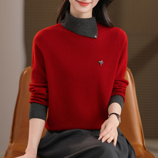 13-68812025年秋冬新款100纯羊毛衫女撞色半高领针织衫气质显瘦打底毛衣 商品图3