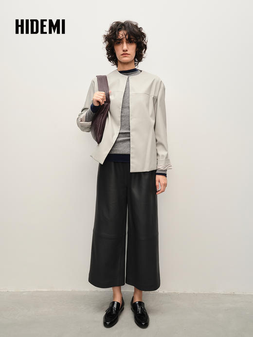 HIDEMI 进口西班牙小羊皮松紧腰阔腿裤九分皮裤 商品图5