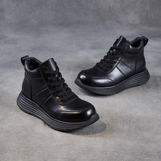 ZM 258708系带真皮短靴厚底舒适高帮运动休闲鞋软底坡跟皮鞋 商品图3