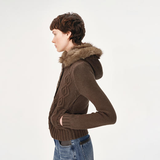 NUTH可拆卸毛领连帽修身短款麻花针织开衫外套女 棕色（发货时间同步天猫） 商品图4