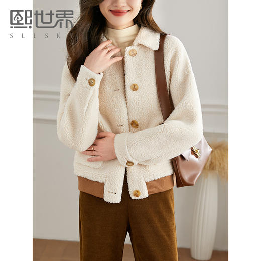 【年货节】熙世界羊羔毛绒外套女秋冬新款高级感撞色翻领毛茸茸保暖上衣 商品图0
