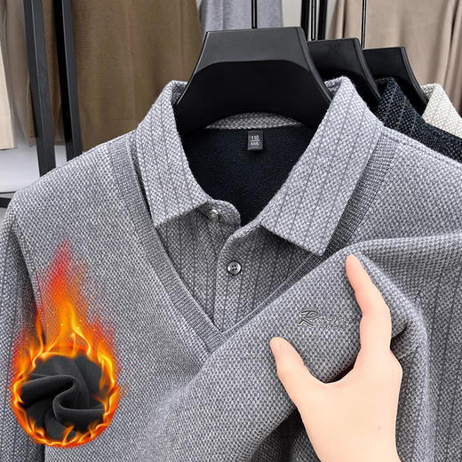 加绒秋季青年男士假两件保暖上衣翻领条纹长袖男装中年体恤衫爸爸装秋冬加厚T恤 商品图1