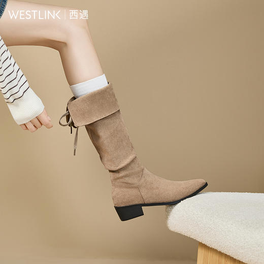 西遇复古堆堆靴女新款秋冬美拉德西部牛仔靴粗跟尖头长筒靴子V2257246 商品图3