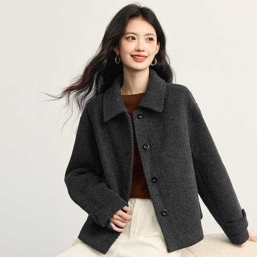 【10/29新品】熙世界星空灰夹棉毛呢外套女秋冬新款羊毛翻领大衣小个子短款上衣 商品图4