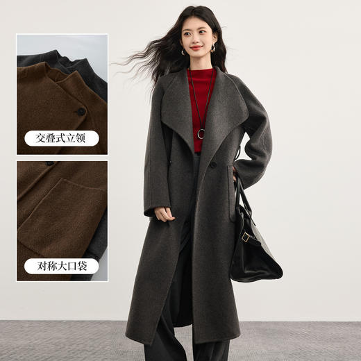 【10/29新品】熙世界廓形宽松长款毛呢大衣女冬季气质优雅棕色纯羊毛双面呢外套 商品图1