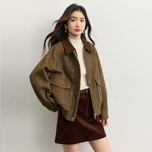 【10/29新品】熙世界复古茶棕花苞夹克羊毛短外套女秋冬巴恩风穿搭撞色翻领上衣 商品图4