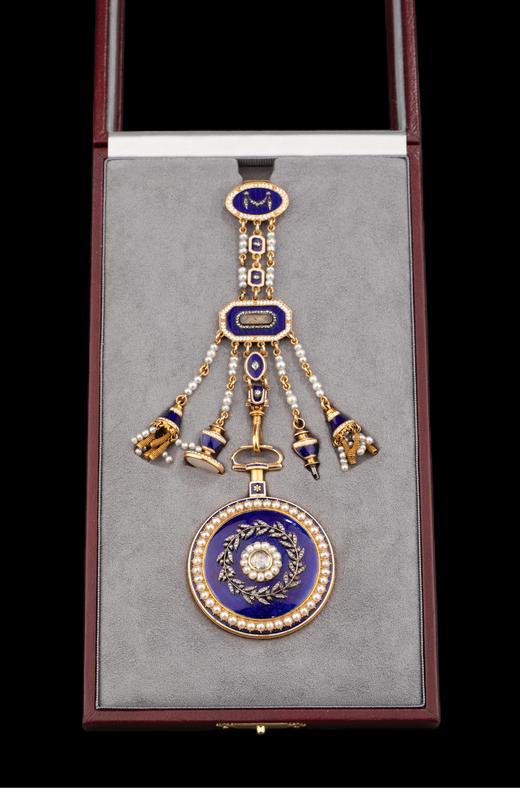 独角鹿西洋古董 1780年代英国出品自然叶纹主题18K黄金镶嵌钻石天然海水珍珠及玑镂珐琅腰链式怀表 商品图1