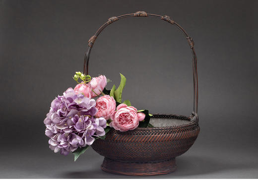 独角鹿西洋古董 19世纪日本出品唐物式敞口钵形竹编提梁花笼 商品图1