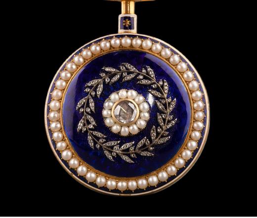 独角鹿西洋古董 1780年代英国出品自然叶纹主题18K黄金镶嵌钻石天然海水珍珠及玑镂珐琅腰链式怀表 商品图5